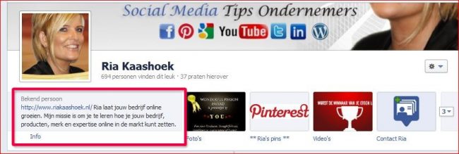 Facebook Pagina info sectie